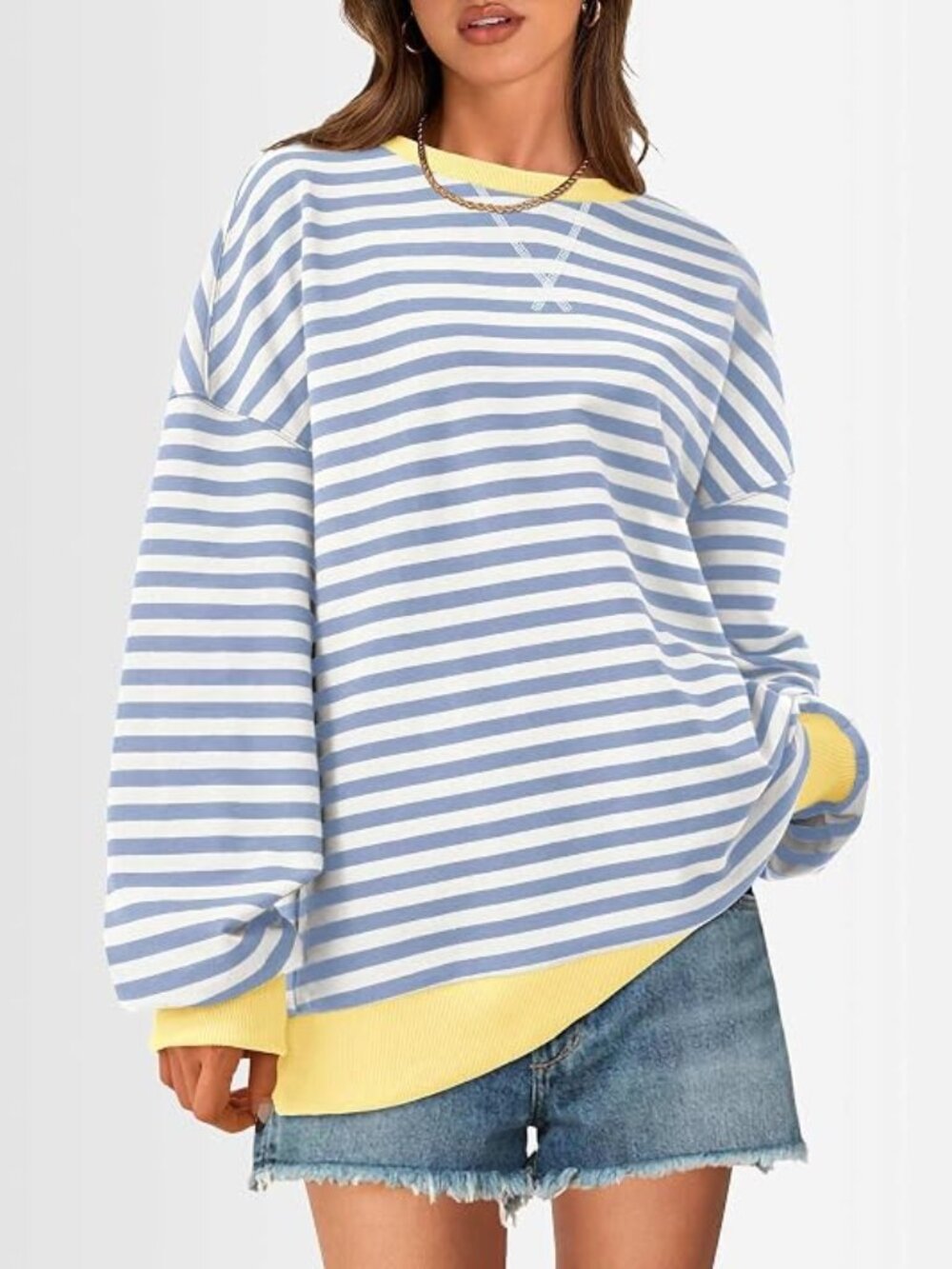 UEU Women Lg Oversized Blue/Yellow Striped Crewneck Sweatshirt 50% off